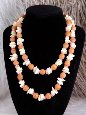Heavy Shell Chip Bead Necklace Pink Spacer Beads Coastal Boho Statement